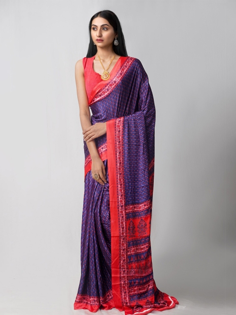 

Unnati Silks Navy Blue & Red Ethnic Motifs Patola Saree
