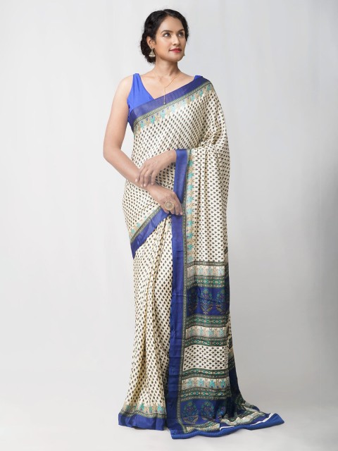 

Unnati Silks Cream-Coloured & Blue Ethnic Motifs Patola Saree