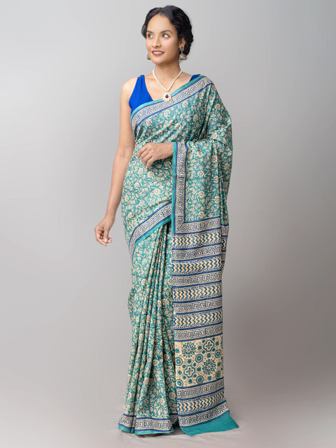 

Unnati Silks Blue & Cream-Coloured Ethnic Motifs Mulmul Cotton Block Print Handloom Saree