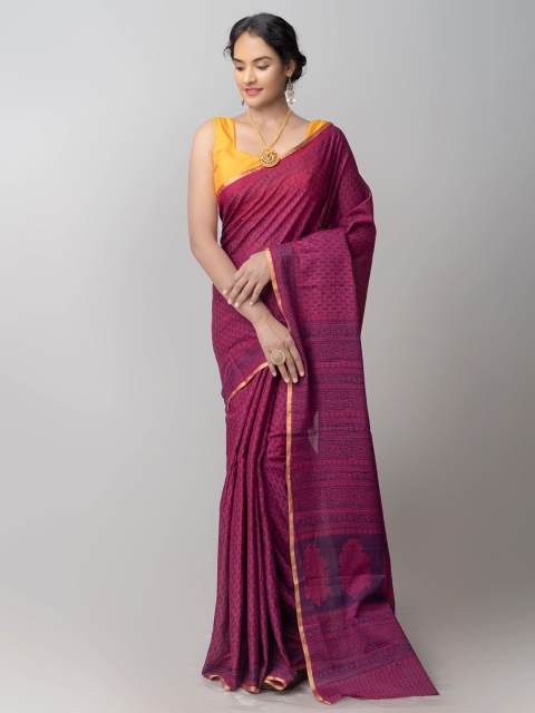 

Unnati Silks Pink & Gold-Toned Ethnic Motifs Zari Pure Cotton Block Print Saree