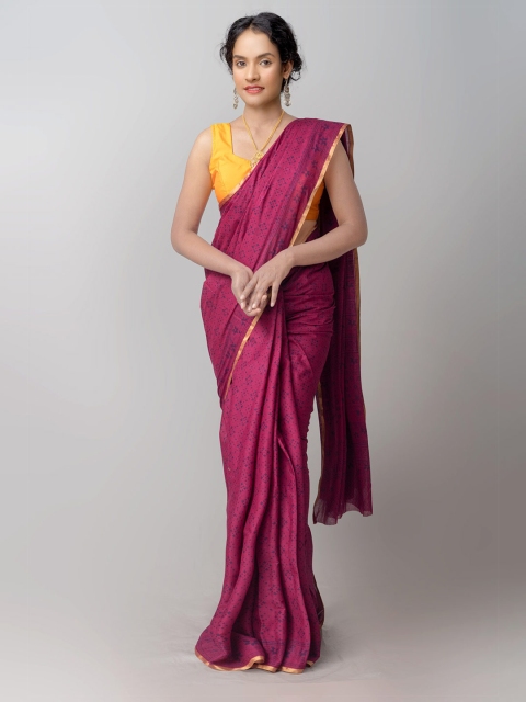 

Unnati Silks Pink & Gold-Toned Ethnic Motifs Zari Cotton Block Print Saree