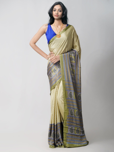 

Unnati Silks Cream-Coloured & Green Paisley Patola Saree