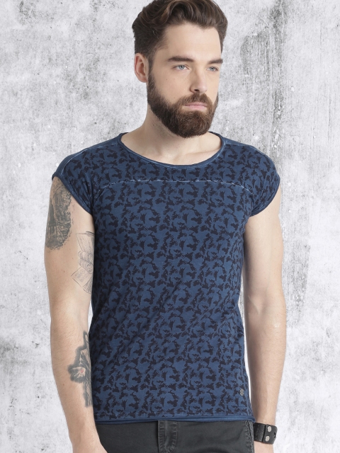 Roadster Men Blue & Black Printed Round Neck T-shirt available at myntra for Rs.199