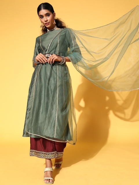 

Inddus Ethnic Motifs Silk Blend Bling It On Kurta Set, Green