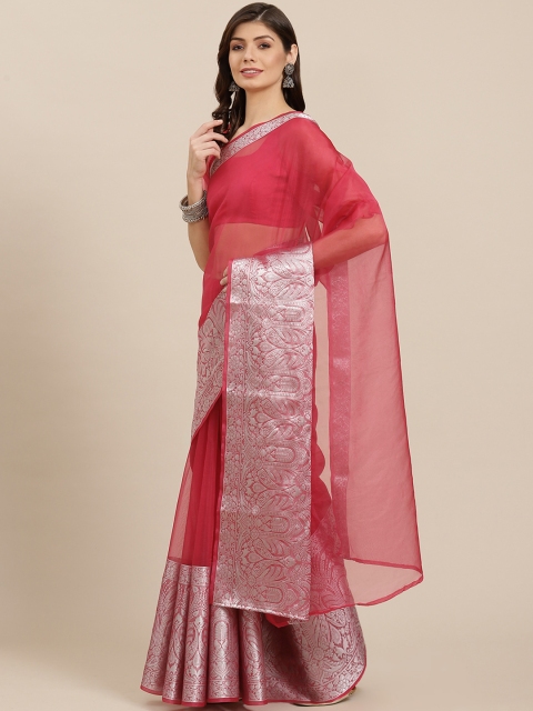 

Inddus Pink & Silver Woven Design Organza Saree