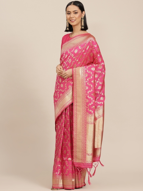 

Inddus Fuchsia & Golden Woven Design Jaali Silk Blend Banarasi Saree