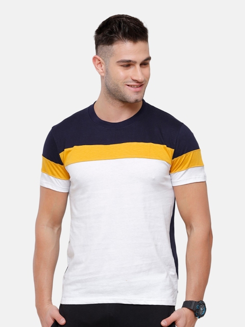 

MADSTO Men Navy Blue & White Colourblocked Slim Fit Pure Cotton T-shirt