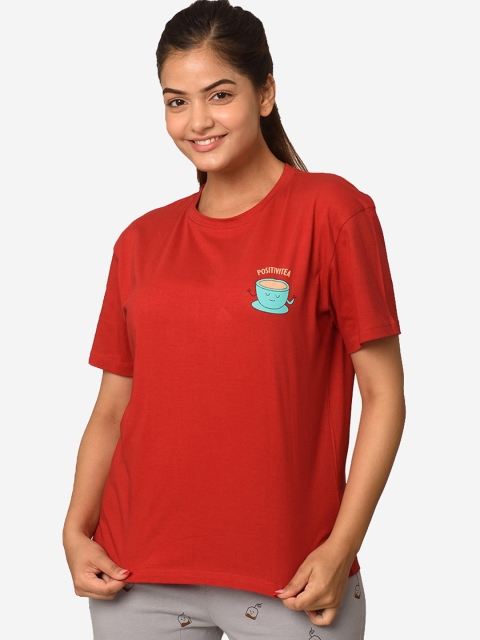

Soxytoes Women Maroon Solid Pure Cotton Lounge Tshirts, Red