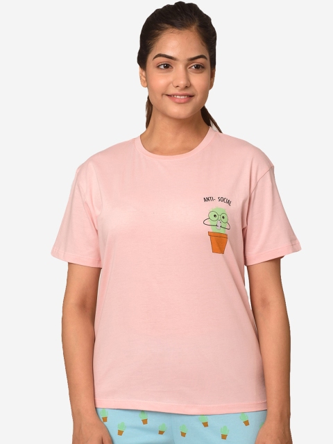 

Soxytoes Women Pink Printed Pure Cotton Lounge Tshirts