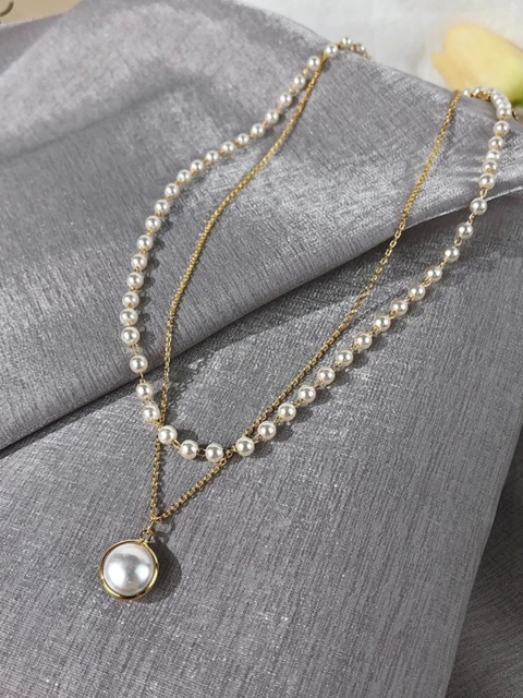 

Vembley Gold-Plated Double Layered Pearl Pendant Necklace With Earrings Set
