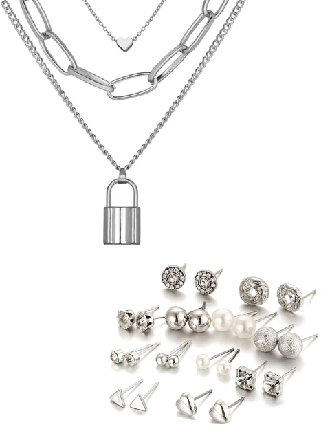 

Vembley Silver-Plating Combo Of Silver Heart Lock Pendant Necklace With Earrings Set