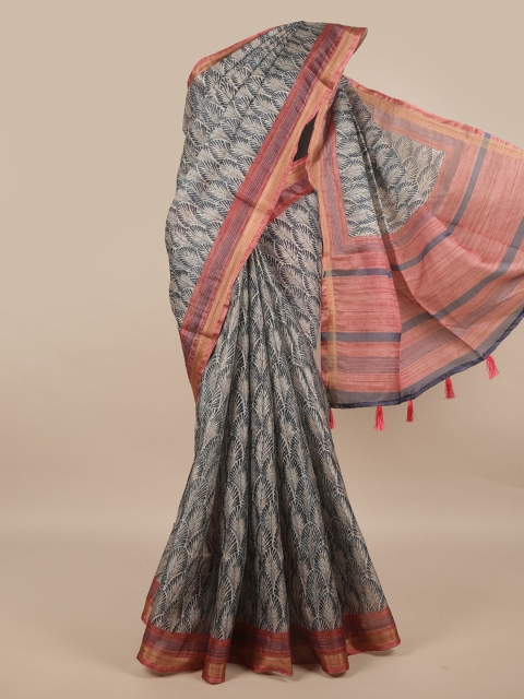 

Pothys Women Grey Printed Jute Silk Saree With Tassel Border
