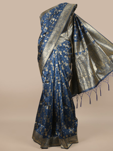 

Pothys Blue & Silver-Toned Floral Zari Jute Silk Saree
