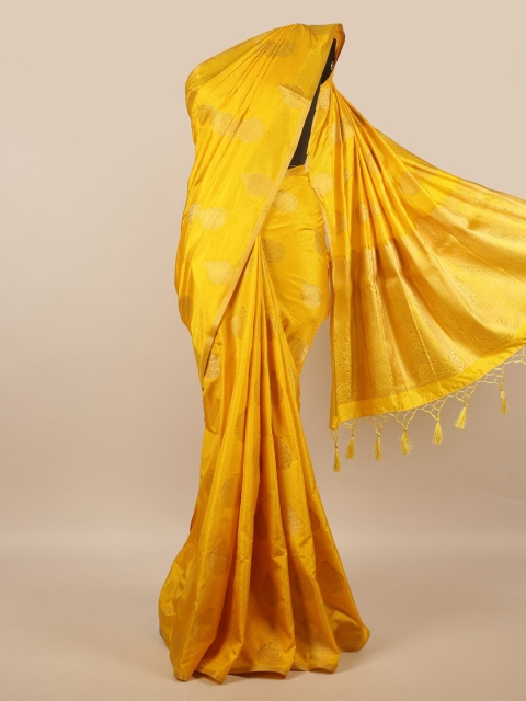 

Pothys Women Yellow Jute Silk Ethnic Motifs Print Tasseled Border Saree