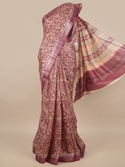 

Pothys Purple & Cream-Coloured Batik Zari Jute Silk Saree