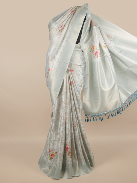 

Pothys Silver-Toned & Pink Floral Zari Jute Silk Saree