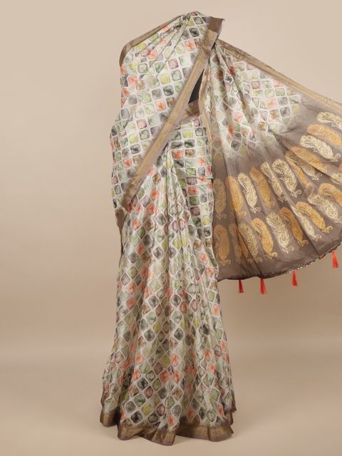 

Pothys White & Gold-Toned Zari Saree With Tassels