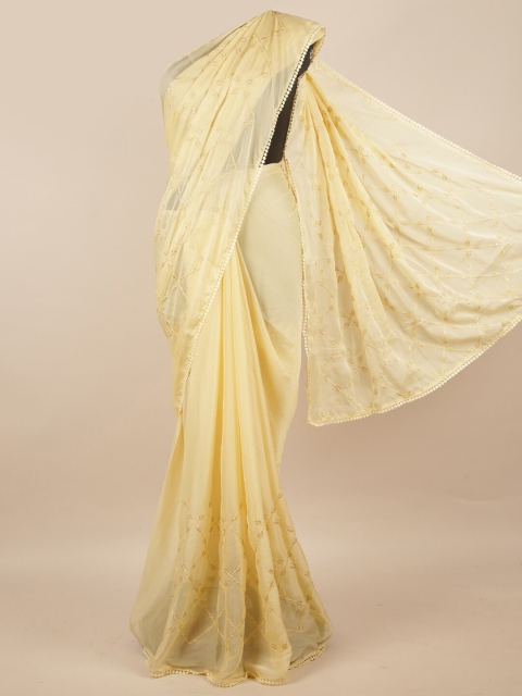

Pothys Women Yellow Floral Embroidered Poly Chiffon Saree