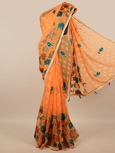 

Pothys Orange & Teal Floral Beads and Stones Poly Chiffon Saree