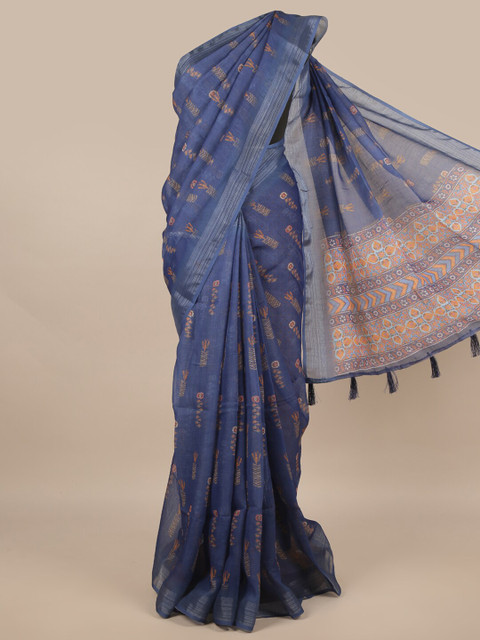 

Pothys Blue & Orange Floral Zari Linen Blend Saree