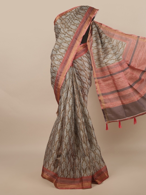 

Pothys Tan Floral Zari Linen Blend Saree