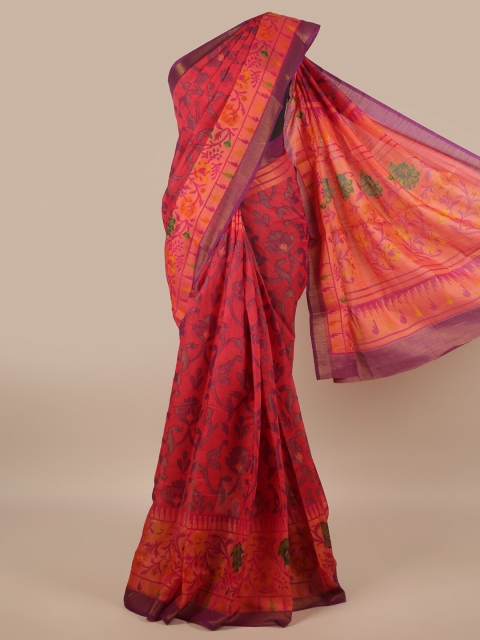

Pothys Pink & Green Floral Zari Jute Silk Saree
