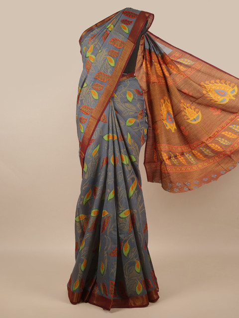 

Pothys Grey & Green Floral Jute Silk Saree