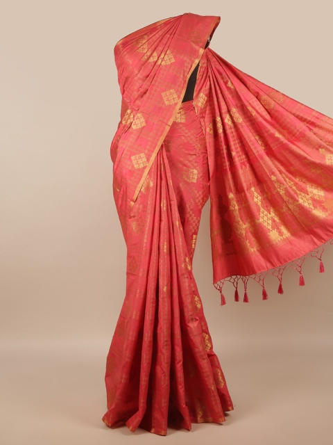 

Pothys Coral Pink & Gold-Toned Woven Design Jute Silk Saree