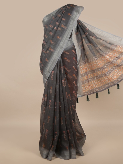 

Pothys Women Grey Floral Print Tasseled Border Saree