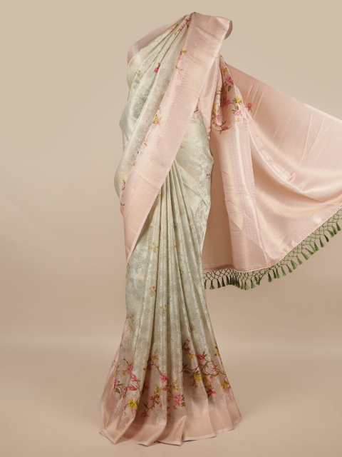 

Pothys Cream-Coloured & Pink Floral Jute Silk Saree