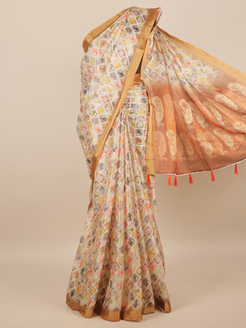 

Pothys Women Orange Geometric Print Tasseled Border Saree
