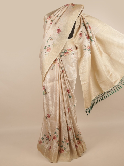 

Pothys Cream-Coloured & Gold-Toned Floral Zari Jute Silk Saree