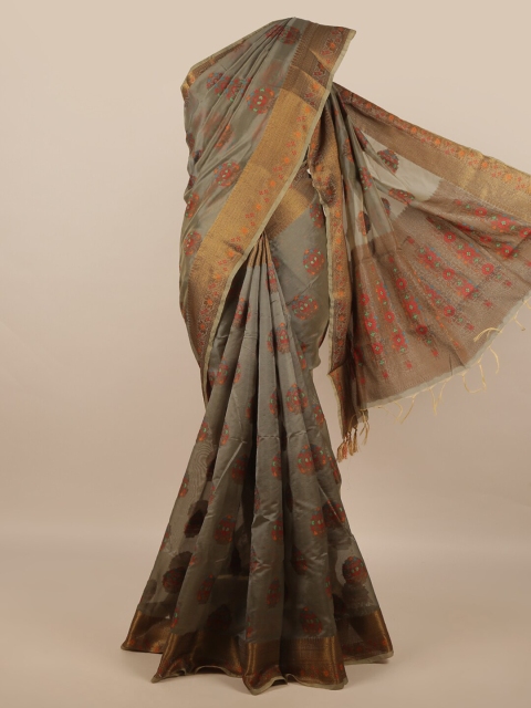 

Pothys Women Grey Jute Silk Floral Print Tasseled Border Saree
