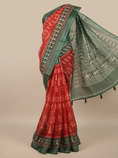 

Pothys Red & Silver-Toned Ethnic Motifs Printed Zari Saree