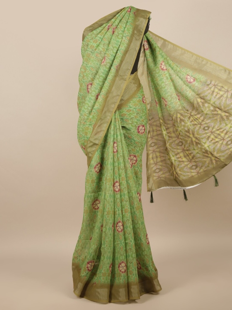 

Pothys Green & Olive Green Floral Zari Linen Blend Saree