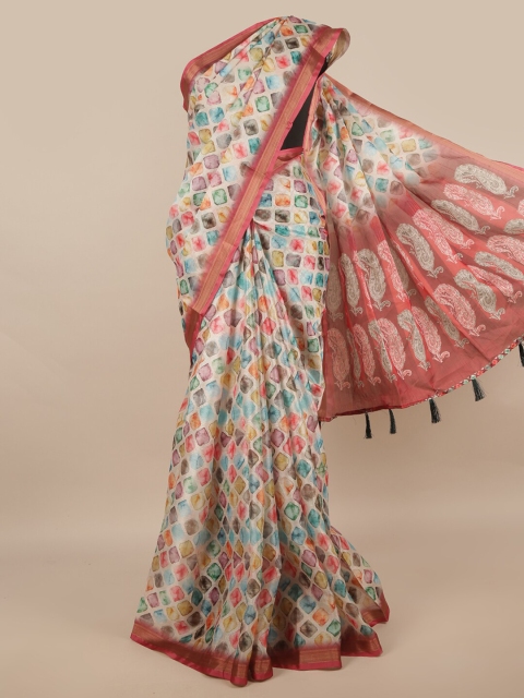 

Pothys White & Green Jute Silk Saree