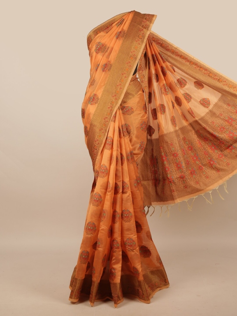 

Pothys Peach-Coloured & Gold-Toned Floral Zari Jute Silk Saree