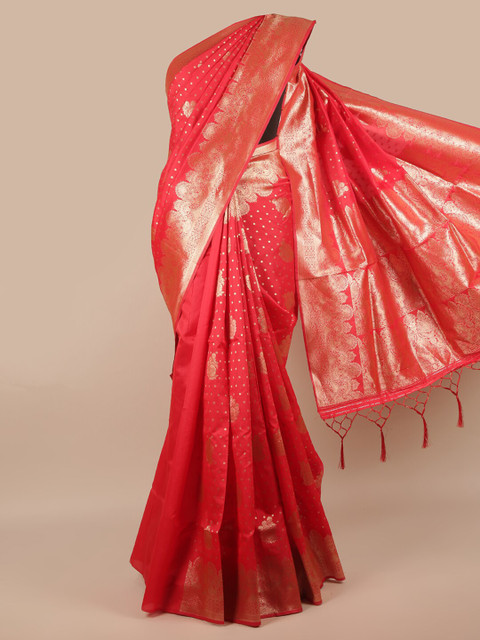 

Pothys Pink & Gold-Toned Ethnic Motifs Zari Jute Silk Saree