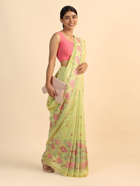 

Taneira Green & Pink Floral Zari Silk Cotton Saree