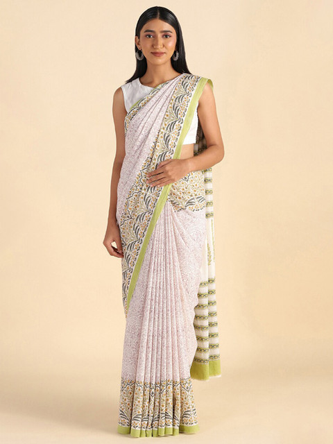 

Taneira White & Green Floral Pure Cotton Saree