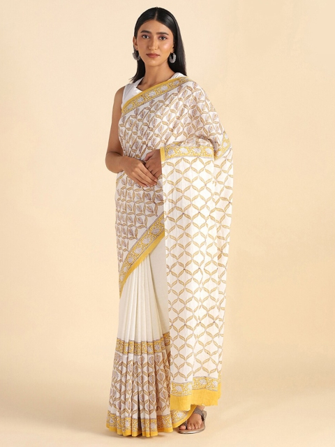 

Taneira Yellow & White Floral Pure Cotton Khadi Saree