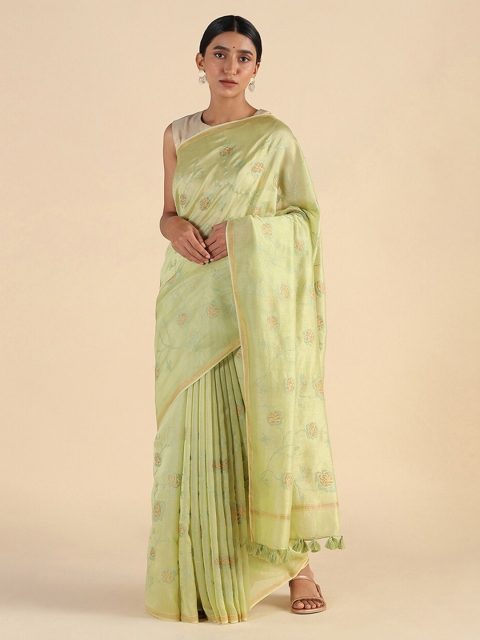 

Taneira Lime Green & Golden Floral Embroidered Silk Cotton Saree