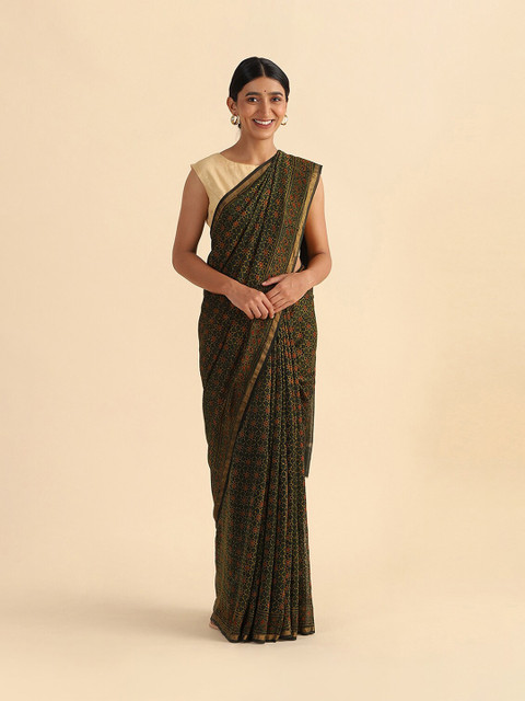 

Taneira Green & Yellow Ethnic Motifs Zari Silk Cotton Block Print Saree