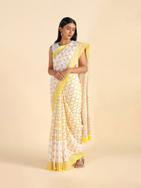 

Taneira Yellow & White Floral Pure Cotton Khadi Saree