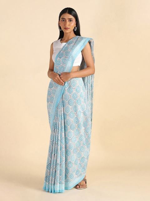 

Taneira Blue & White Ethnic Motifs Pure Cotton Saree