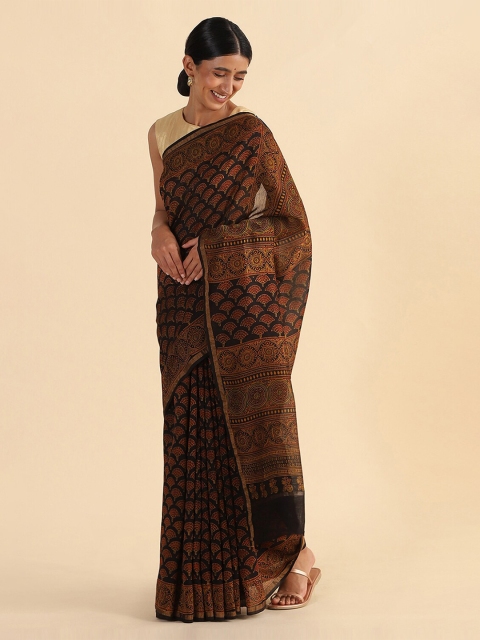 

Taneira Black & Brown Ethnic Motifs Silk Cotton Block Print Saree