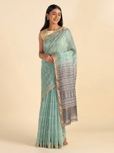 

Taneira Green & Grey Ethnic Motifs Embroidered Detail Silk Cotton Saree