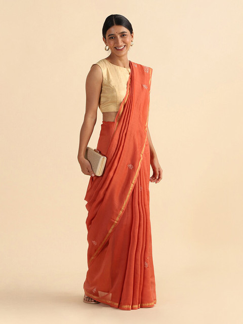 

Taneira Orange & White Floral Chikankari Silk Cotton Saree