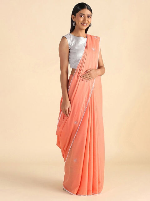 

Taneira Orange Floral Chikankari Pure Mulmul Cotton Saree