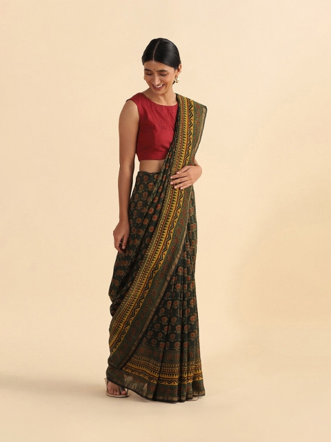 

Taneira Green & Gold-Toned Ethnic Motifs Zari Silk Cotton Block Print Saree